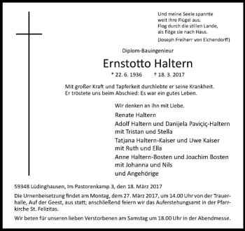 Anzeige von Ernstotto Haltern von Westfälische Nachrichten