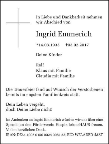 Anzeige von Ingrid Emmerich von Westfälische Nachrichten