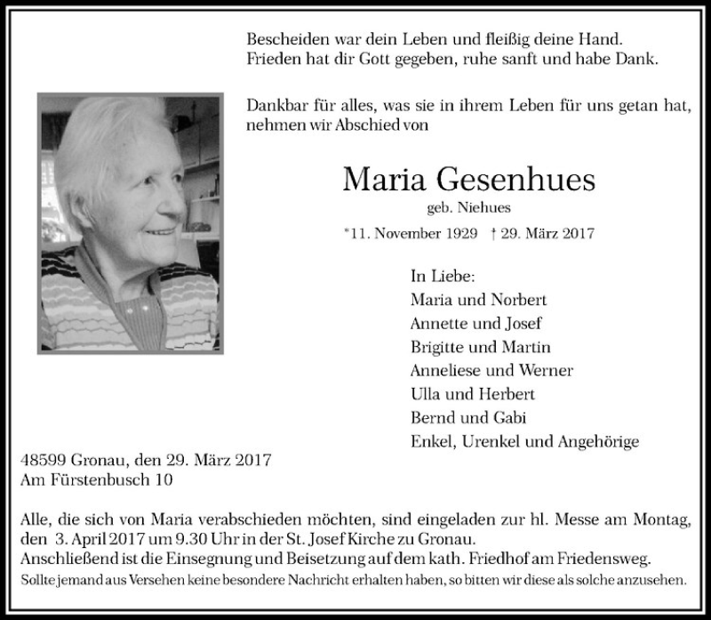 Traueranzeigen von Maria Gesenhues | www.trauer.ms