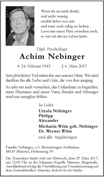 Anzeige von Achim Nebinger von Westfälische Nachrichten