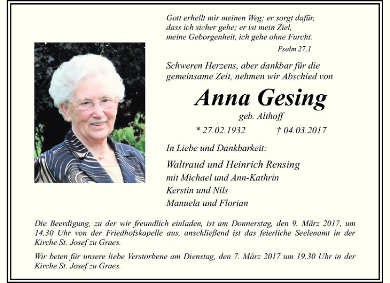 Traueranzeigen von Anna Gesing | www.trauer.ms