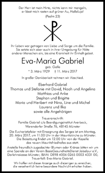 Anzeige von Eva-Maria Gabriel von Westfälische Nachrichten