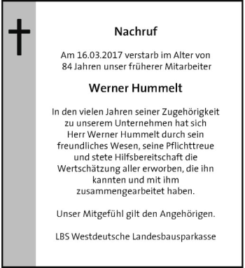 Anzeige von Werner Hummelt von Westfälische Nachrichten