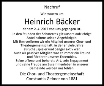 Anzeige von Heinrich Bäcker von Westfälische Nachrichten