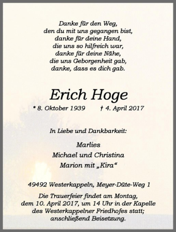 Anzeige von Erich Hoge von Westfälische Nachrichten