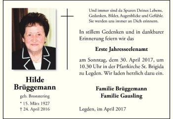 Anzeige von Hilde Brüggemann von Westfälische Nachrichten