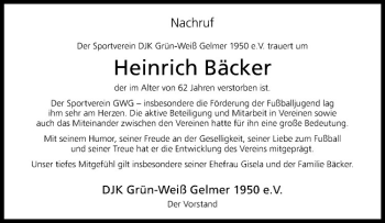 Anzeige von Heinrich Bäcker von Westfälische Nachrichten