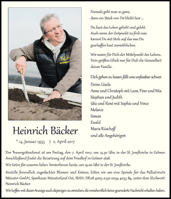 Anzeige von Heinrich Bäcker von Westfälische Nachrichten