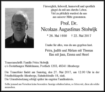 Anzeige von Nicolaas Augustinus Stolwijk von Westfälische Nachrichten