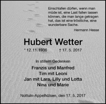 Anzeige von Hubert Wetter von Westfälische Nachrichten