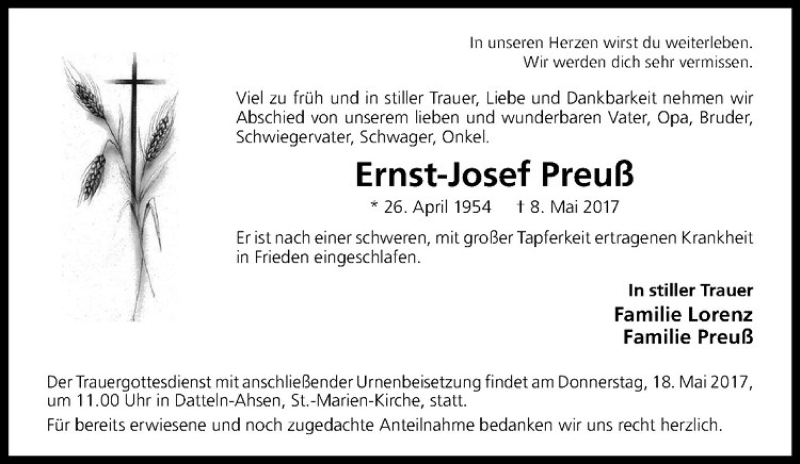  Traueranzeige für Ernst-Josef Preuß vom 12.05.2017 aus Westfälische Nachrichten