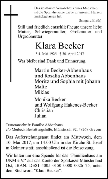 Anzeige von Klara Becker von Westfälische Nachrichten