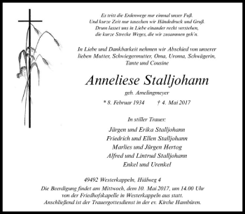 Anzeige von Anneliese Stalljohann von Westfälische Nachrichten