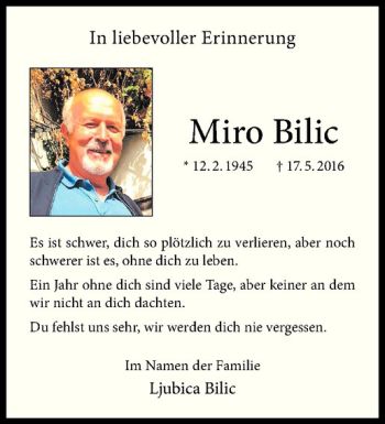 Anzeige von Miro Bilic von Westfälische Nachrichten