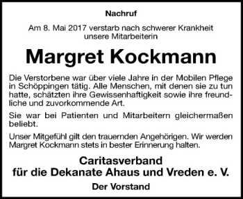 Anzeige von Margret Kockmann von Westfälische Nachrichten