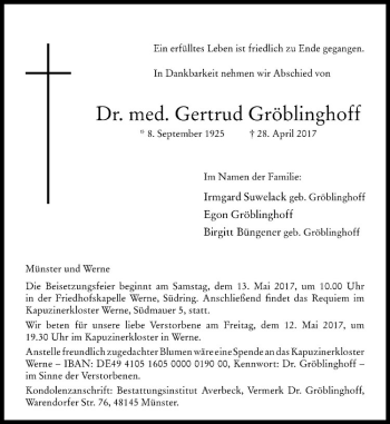 Anzeige von Gertrud Gröblinghoff von Westfälische Nachrichten