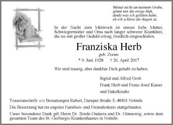 Traueranzeigen von Franziska Herb | www.trauer.ms