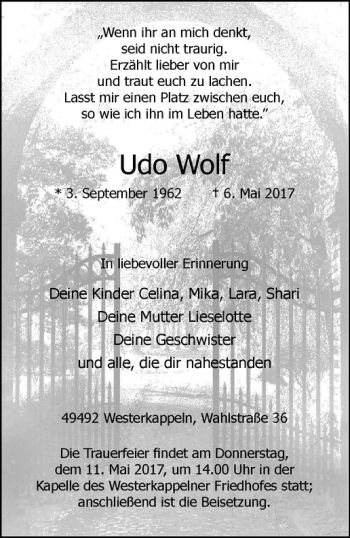 Anzeige von Udo Wolf von Westfälische Nachrichten