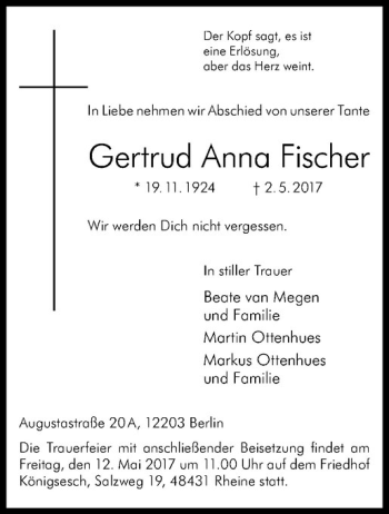 Anzeige von Gertrud Anna Fischer von Westfälische Nachrichten