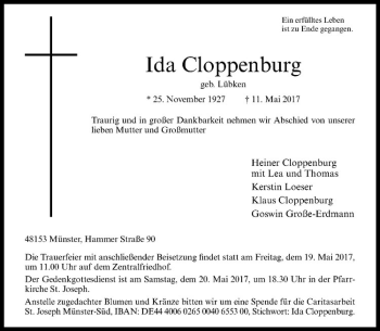 Anzeige von Ida Cloppenburg von Westfälische Nachrichten