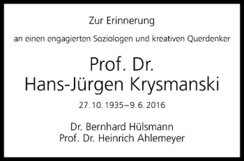 Anzeige von Hans-Jürgen Krysmanski von Westfälische Nachrichten