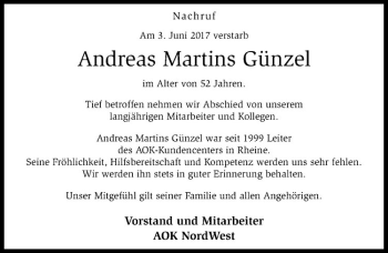 Anzeige von Andreas Martins Günzel von Westfälische Nachrichten