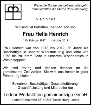 Anzeige von Hella Henrich von Westfälische Nachrichten