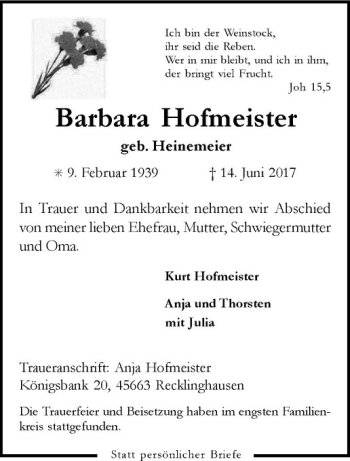 Anzeige von Barbara Hofmeister von Westfälische Nachrichten