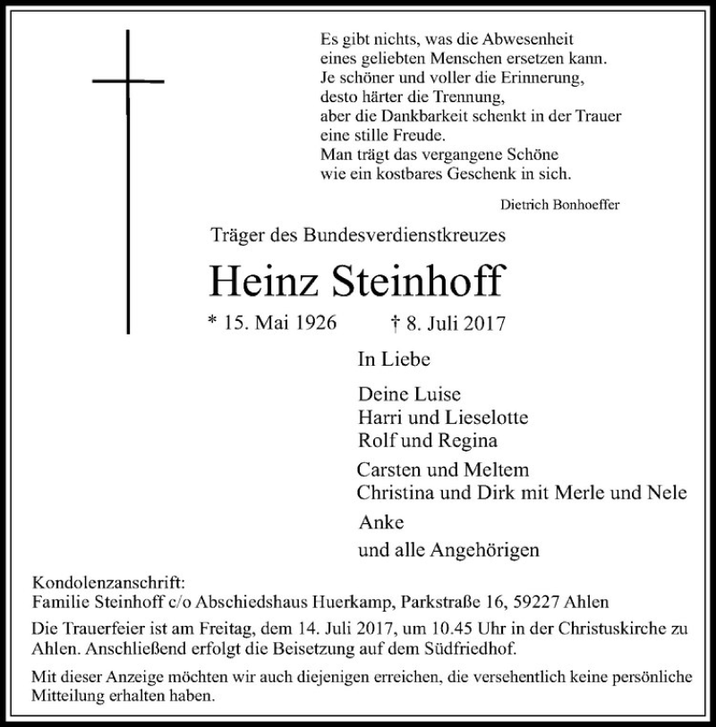  Traueranzeige für Heinz Steinhoff vom 12.07.2017 aus Westfälische Nachrichten