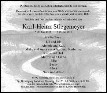 Anzeige von Karl-Heinz Stiegemeyer von Westfälische Nachrichten