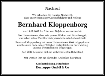 Anzeige von Bernhard Kloppenborg von Westfälische Nachrichten