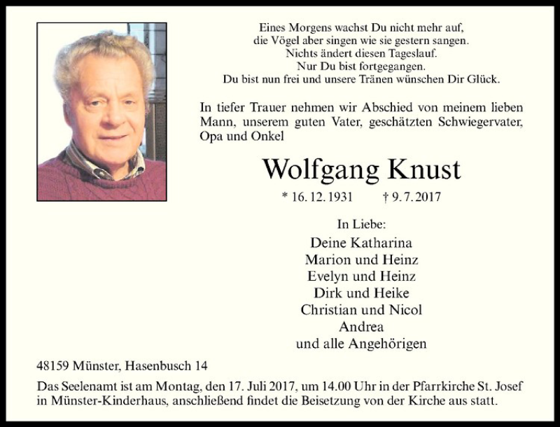  Traueranzeige für Wolfgang Knust vom 12.07.2017 aus Westfälische Nachrichten