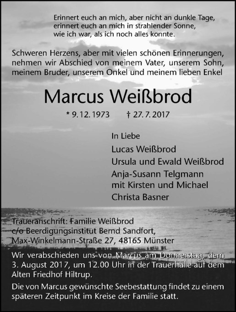  Traueranzeige für Marcus Weißbrod vom 29.07.2017 aus Westfälische Nachrichten