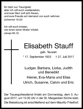 Anzeige von Elisabeth Stauff von Westfälische Nachrichten