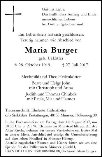 Anzeige von Maria Burger von Westfälische Nachrichten