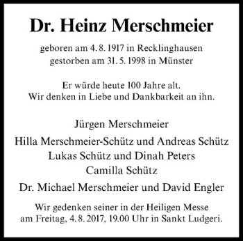 Anzeige von Heinz Merschmeier von Westfälische Nachrichten