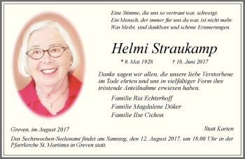 Anzeige von Helmi Straukamp von Westfälische Nachrichten