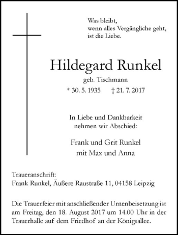 Anzeige von Hildegard Runkel von Westfälische Nachrichten