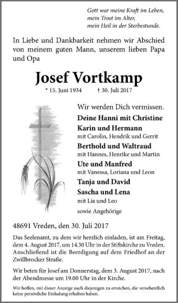 Anzeige von Josef Vortkamp von Westfälische Nachrichten