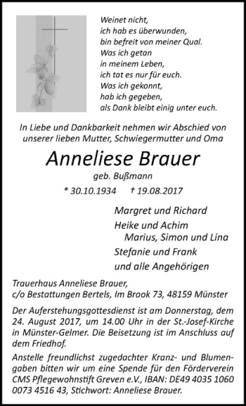 Anzeige von Anneliese Brauer von Westfälische Nachrichten