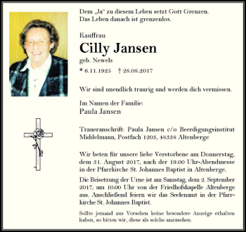 Anzeige von Cilly Jansen von Westfälische Nachrichten