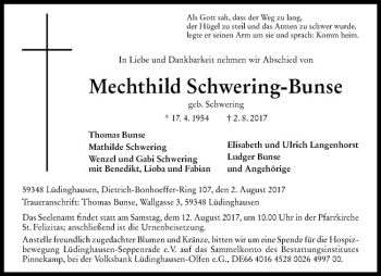 Anzeige von Mechthild Schwering-Bunse von Westfälische Nachrichten