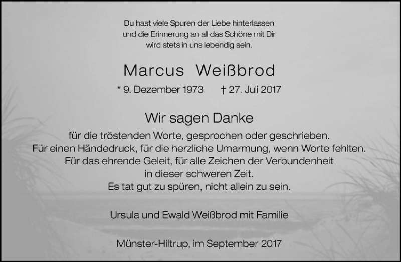  Traueranzeige für Marcus Weißbrod vom 09.09.2017 aus Westfälische Nachrichten