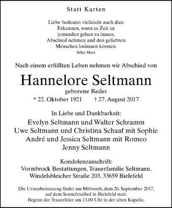 Anzeige von Hannelore Seltmann von Westfälische Nachrichten