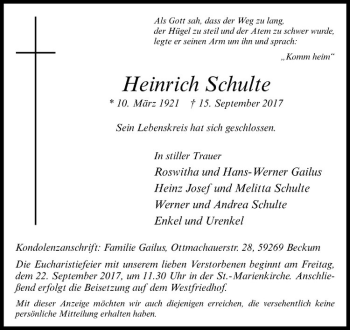 Anzeige von Heinrich Schulte von Westfälische Nachrichten