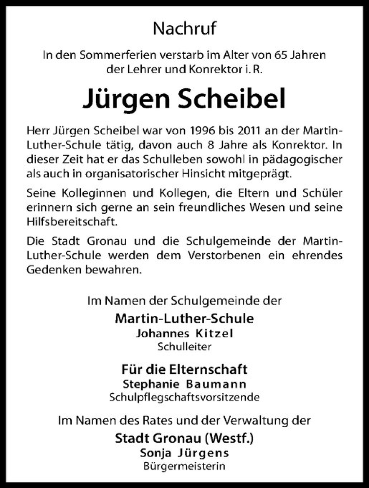  Traueranzeige für Jürgen Scheibel vom 09.09.2017 aus Westfälische Nachrichten