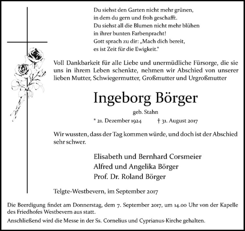 Traueranzeigen Von Ingeborg Borger Www Trauer Ms