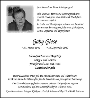 Traueranzeigen von Gaby Giese | www.trauer.ms