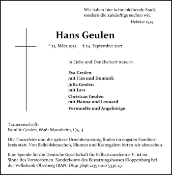 Anzeige von Hans Geulen von Westfälische Nachrichten