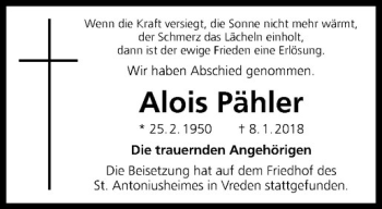 Anzeige von Alois Pähler von Westfälische Nachrichten